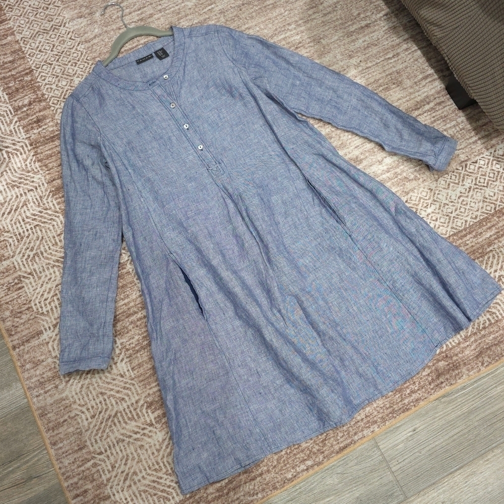 TAHARI 100 LINEN Blue Linen Tunic Dress, Henley 4 Button Placket, Pockets, XS - Picture 14 of 16